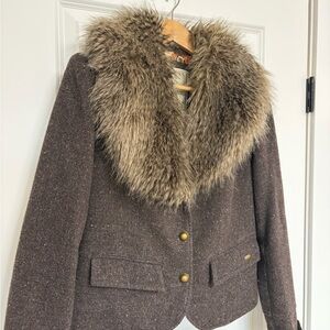 Vintage Brown Guess Wool Blazer Jacket Removable Faux Fur Collar